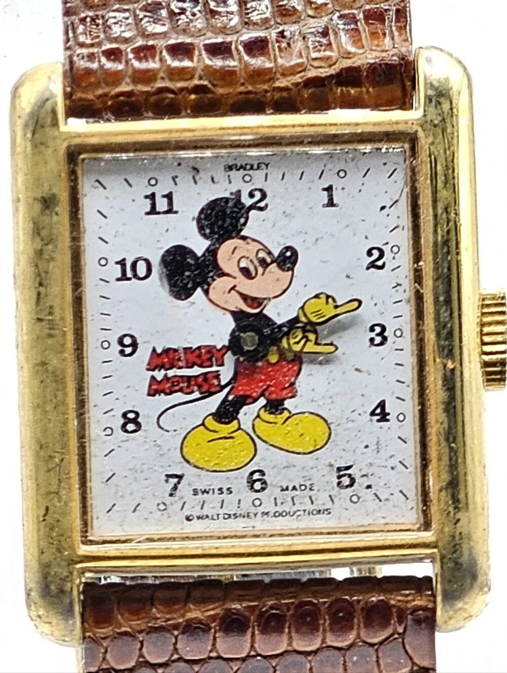 Rare Bradley Mickey Mouse Gold Rectangular 015S Swiss Made Wristwatch Running